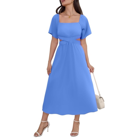 BAIYAMEISHA Light Blue Square Neck Midi Dress Crossover Waist Cutouts 2XL - Picture 1 of 7
